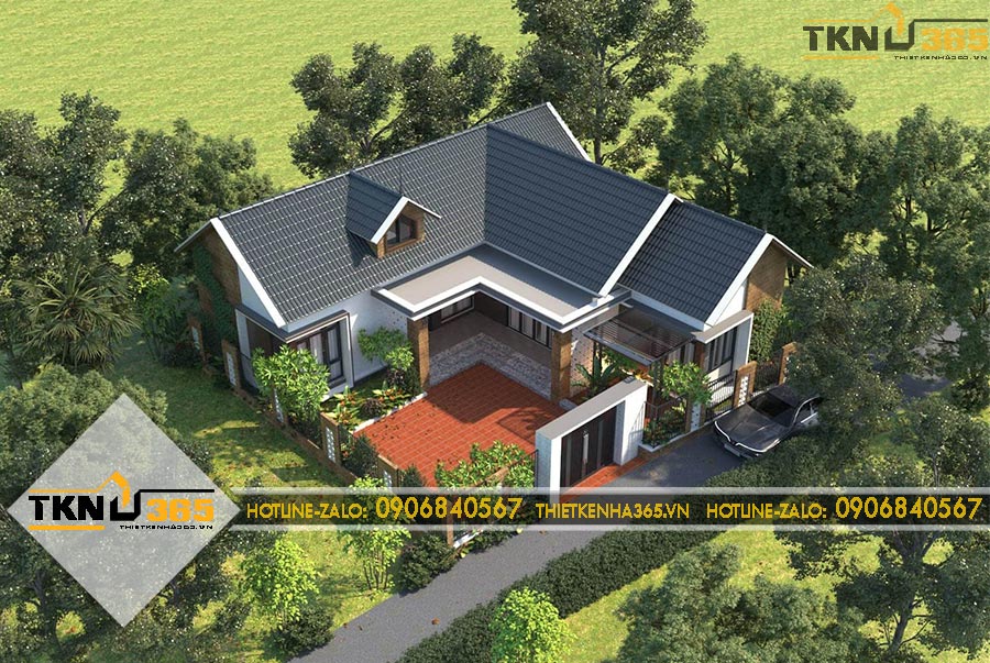 Thiết kế biệt thự 1 tầng hình chữ L 14x14m cho anh Sáu ở An Giang