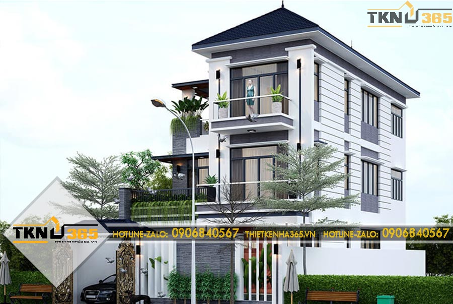 Thiết kế biệt thự 3 tầng có sân để xe tiện nghi 12x20m cho anh Tám ở Bình Phước