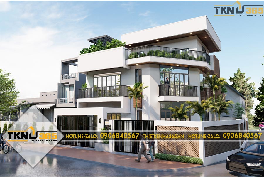 Thiết kế biệt thự 3 tầng 2 mặt tiền vát góc 12x16m cho anh Hoàn ở Măng Đen