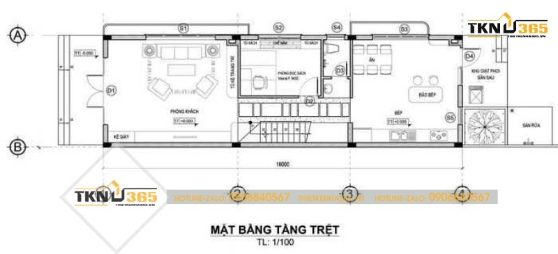 Mặt bằng tầng trệt của nhà phố mặt tiền 6m 2 tầng mái thái