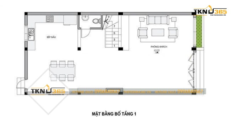 Mặt bằng bố trí các khu vực chức năng tầng 1 của nhà ống 6m mặt tiền