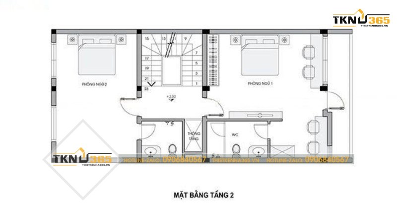 Mặt bằng bố trí các khu vực chức năng tầng 2 thiết kế nhà ống mặt tiền 6m đẹp