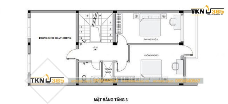 Mặt bằng bố trí các khu vực chức năng tầng 3 nhà ống mặt tiền 6m