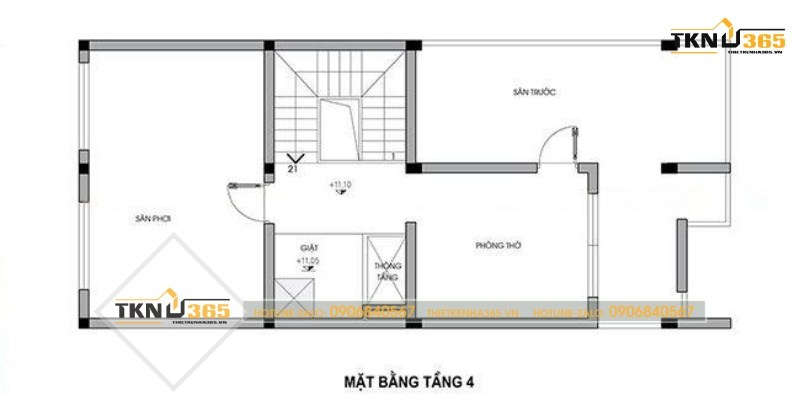 Mặt bằng bố trí các khu vực chức năng tầng 4 của mẫu thiết kế nhà mặt tiền 6m đẹp