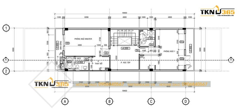 Bố trí công năng mặt bằng tầng 2 của thiết kế nhà ống mặt tiền rộng 6m