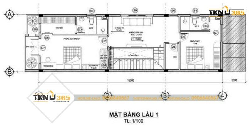 Mặt bằng lầu 1 của nhà phố mặt tiền 6m 2 tầng mái thái
