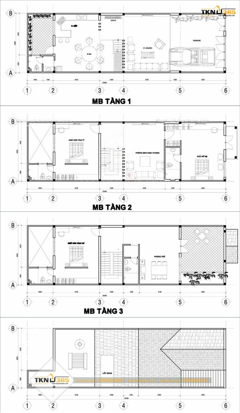 Bản vẽ mặt bằng 3 tầng và tầng mái của ngôi nhà phố rộng 6m