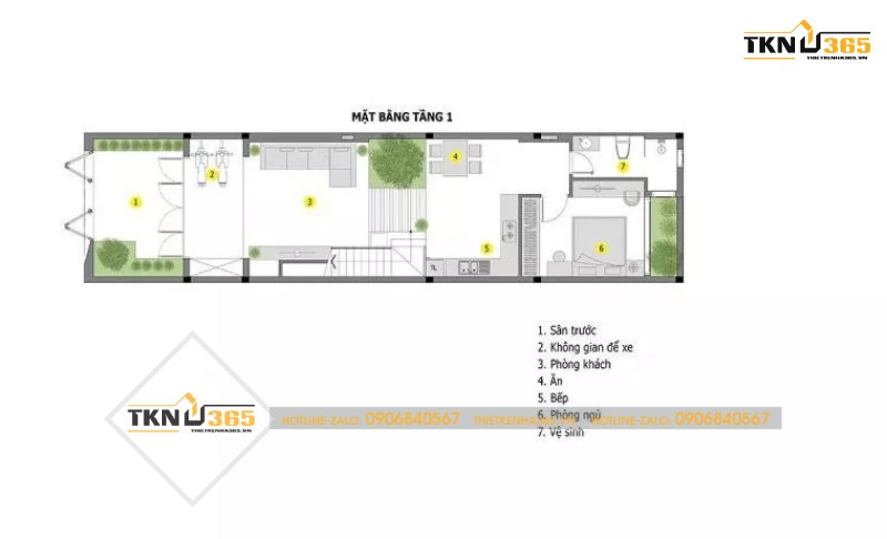 Mặt bằng tầng tầng 1 của ngôi nhà phố rộng 6m