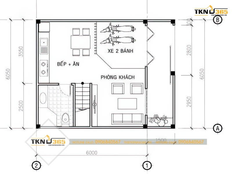 Bản vẽ thiết kế nhà mặt tiền 6m tầng 1 của ngôi nhà mái lệch