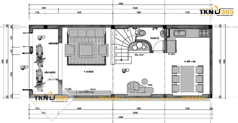 Mặt bằng tầng 1 của nhà phố mặt tiền 6m tại Thanh Trì