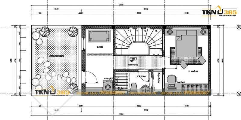Mặt bằng tầng 3 của căn nhà phố 6m được thiết kế theo kiểu Pháp