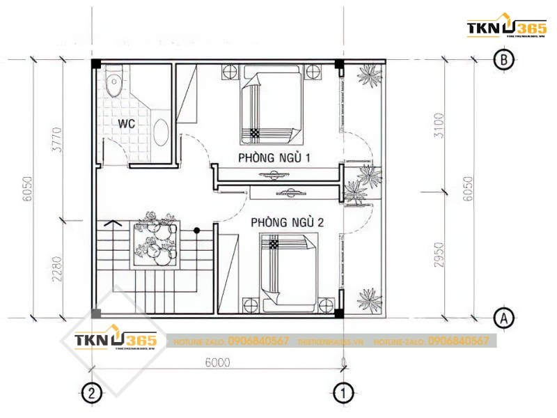 Bản vẽ thiết kế nhà mặt tiền 6m tầng 2 của ngôi nhà mái lệch 2 tầng