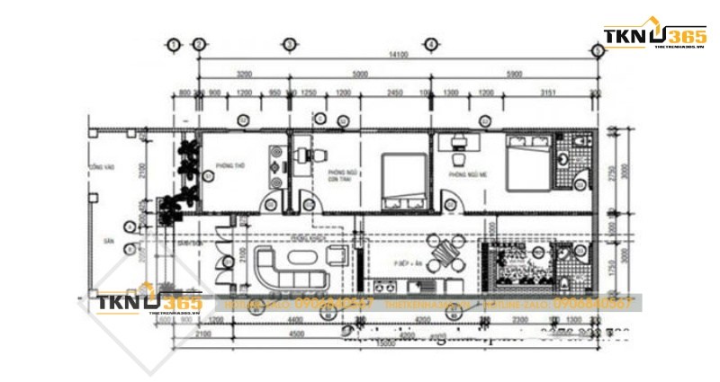 Bản vẽ công năng các khu vực sinh hoạt trong mẫu thiết kế nhà mặt tiền 6m