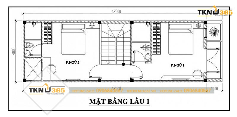 bản vẽ thiết kế nhà ống 2 tầng 4x12m