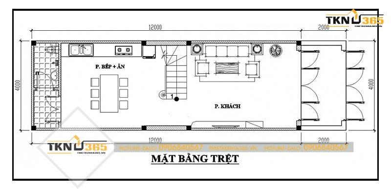 bản vẽ thiết kế nhà ống 2 tầng 4x12m