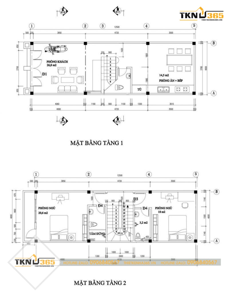Mặt bằng công năng nhà 2 tầng 50m2