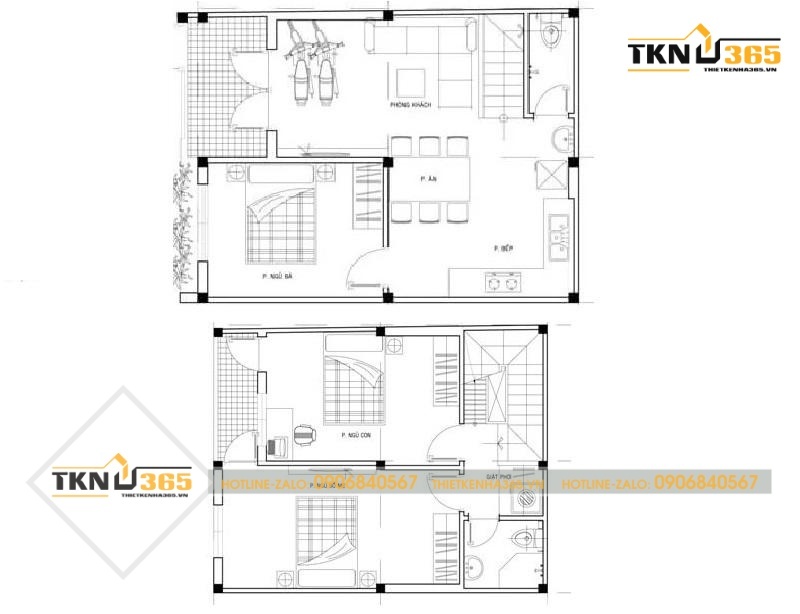Bản vẽ nhà 2 tầng 60m2 mái thái
