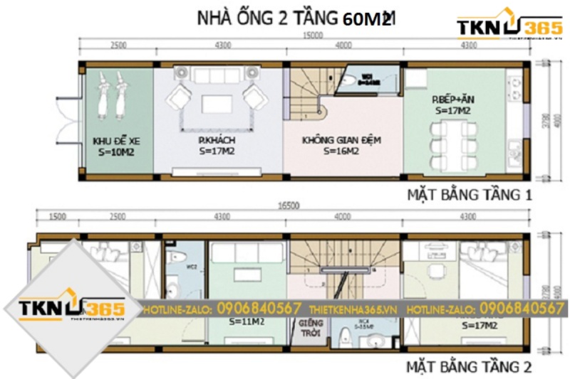 Bản vẽ thiết kế nhà 2 tầng 60m2 mái bằng