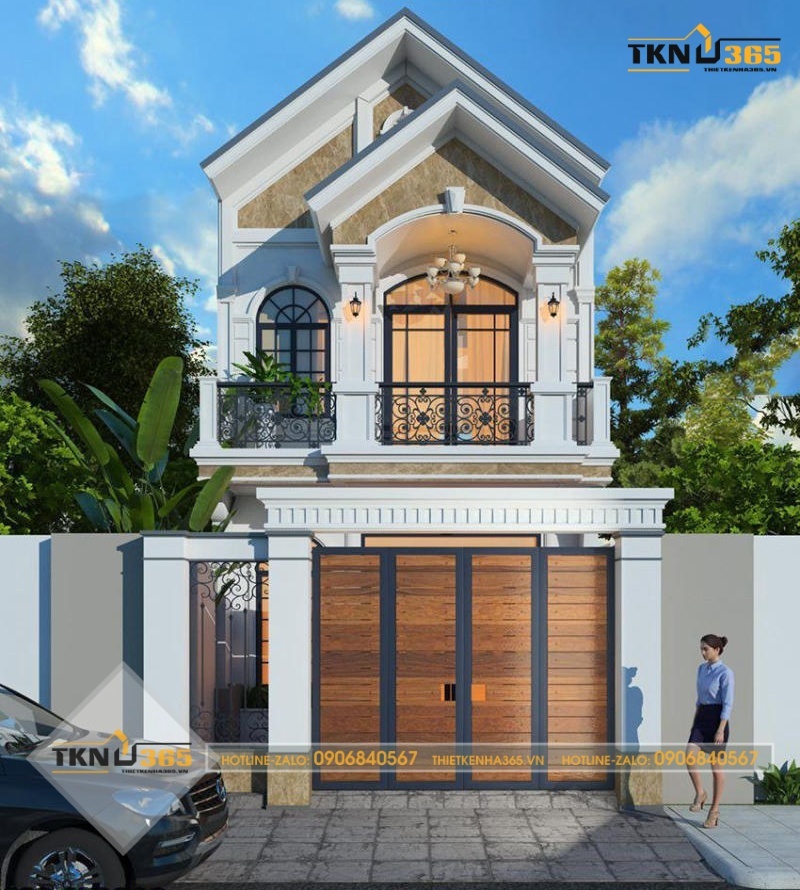 Mẫu thiết kế nhà 60m2 2 tầng mái thái có gara
