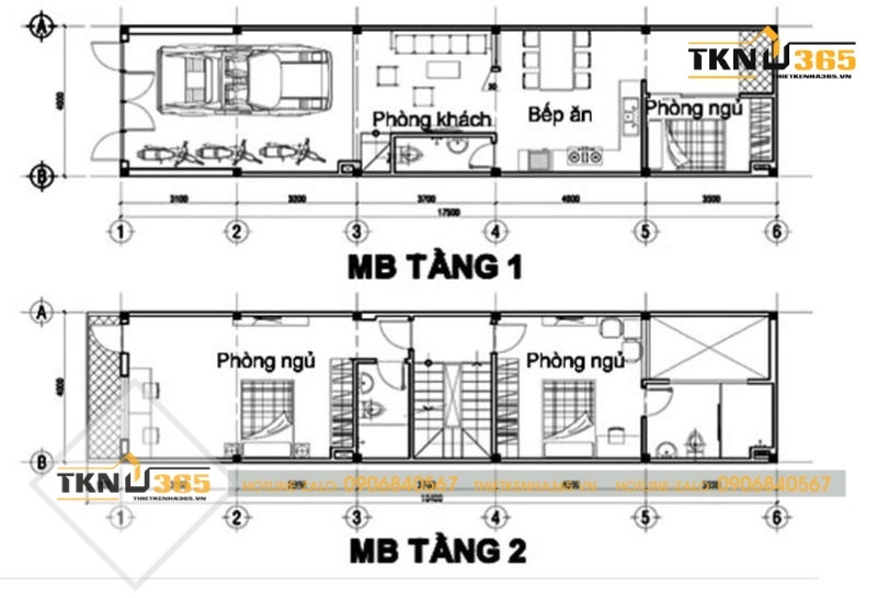 Mặt bằng nhà 2 tầng 60m2 mái thái có gara