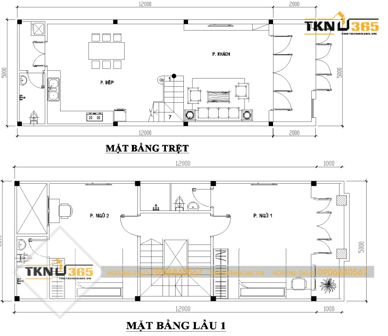 Mặt bằng công năng nhà 5x12m 2 tầng 60m2