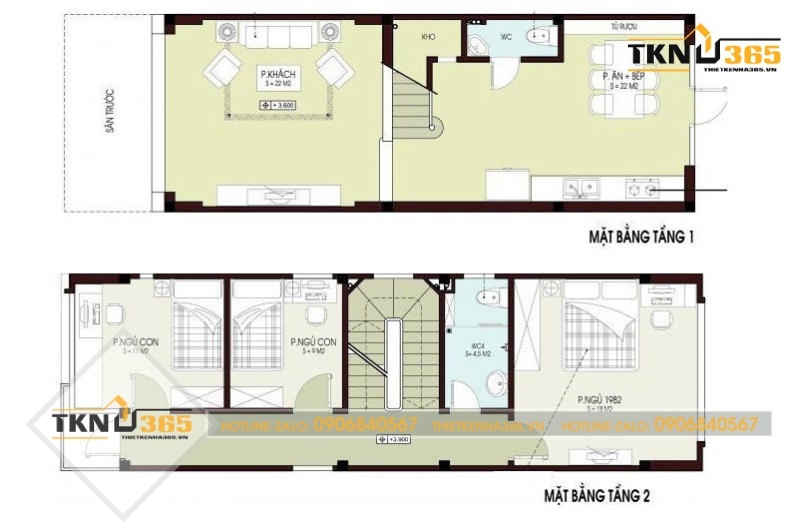 Mặt bằng chi tiết nhà 2 tầng 60m2 