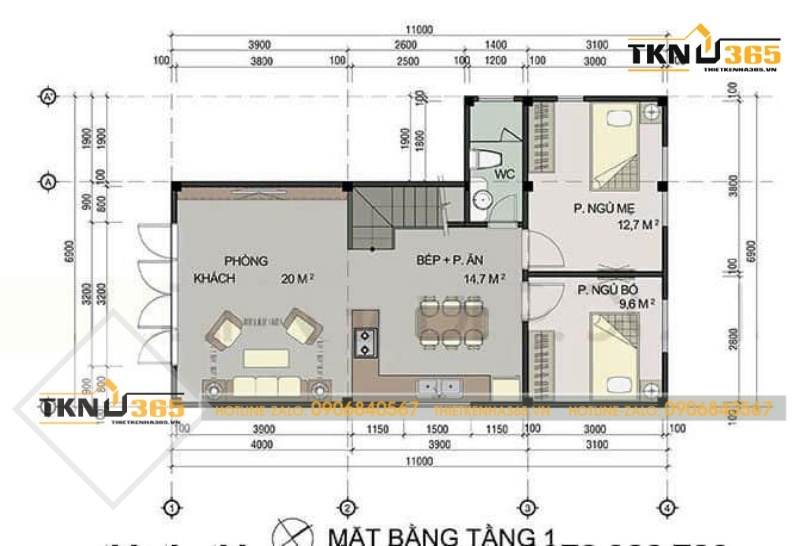 Bản vẽ công năng tầng 1 của mẫu thiết kế nhà ống 60m2