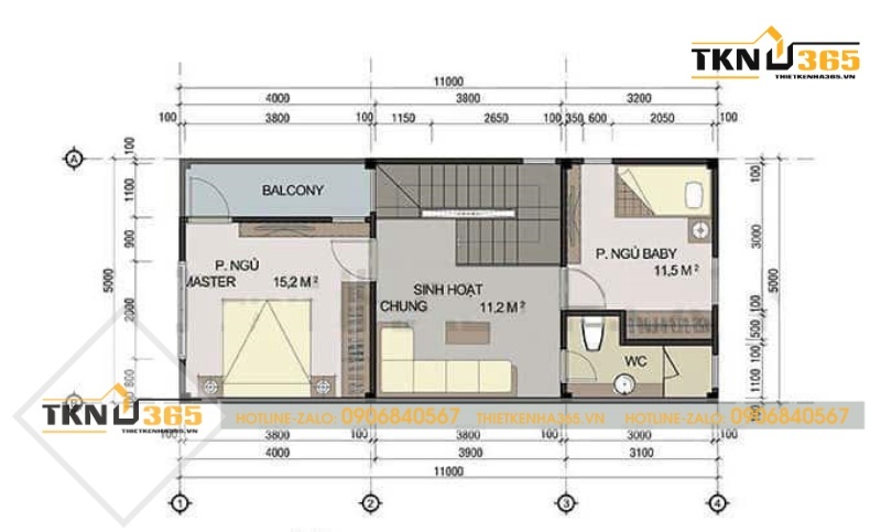 Bản vẽ công năng tầng 2 của thiết kế nhà ống 60m2