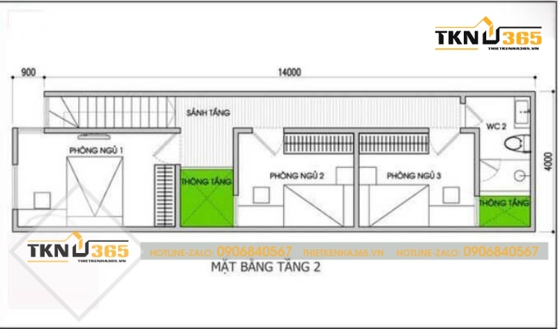 Bản vẽ công năng tầng 2 của ngôi nhà 2 tầng