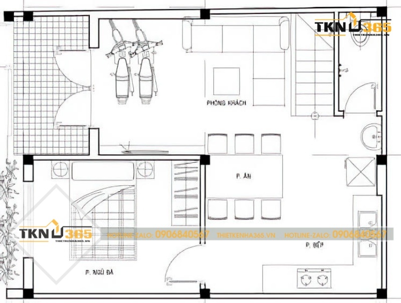 Bản vẽ thiết kế tầng 1 của nhà 60m2 2 tầng