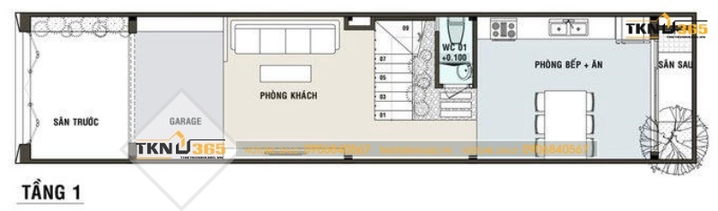 Mặt bằng tầng 1 thiết kế nhà 2 tầng 60m2