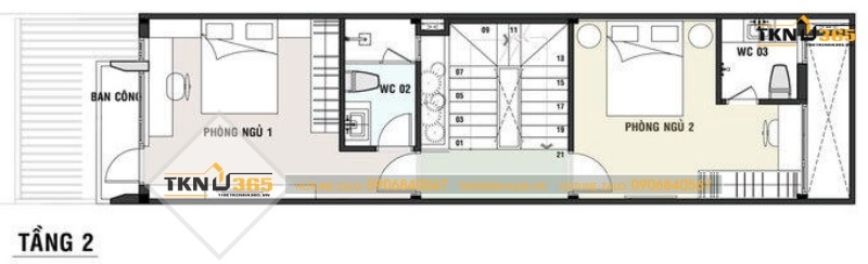 Mặt bằng tầng 2 nhà 2 tầng diện tích 60m2