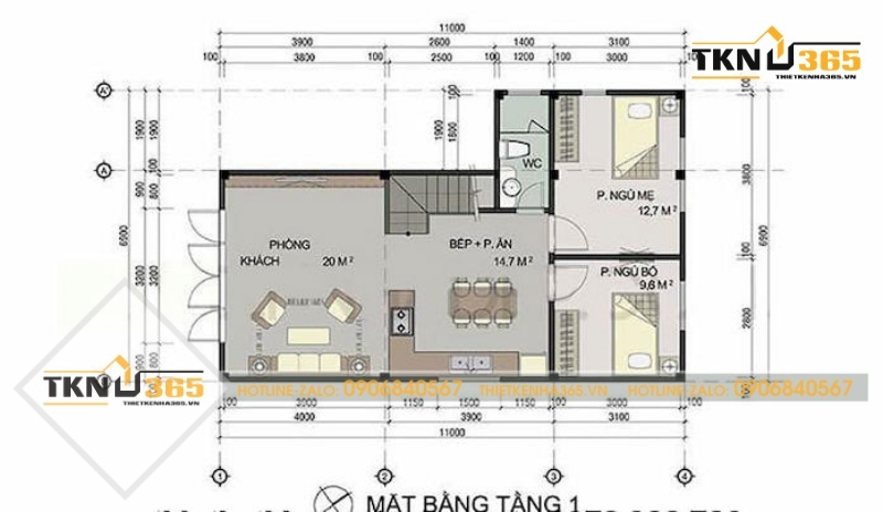 Bản thiết kế tầng 1 nhà 2 tầng 60m2