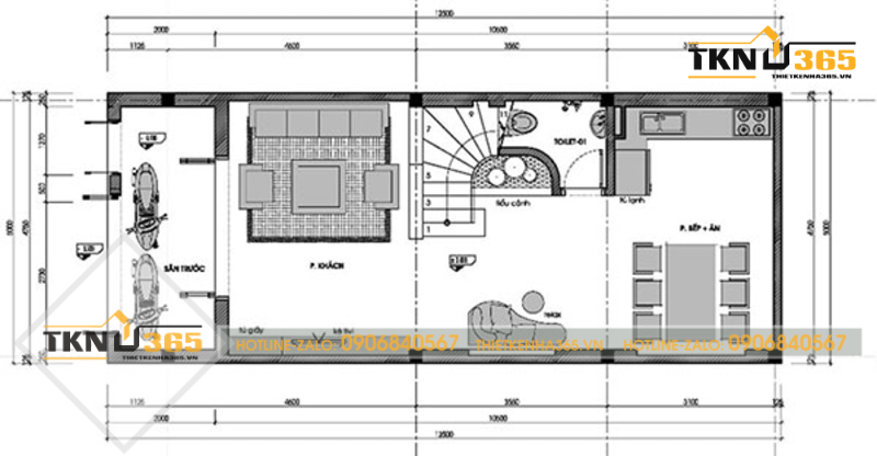Bản vẽ tầng 1 thiết kế nhà 3 tầng 5x10m