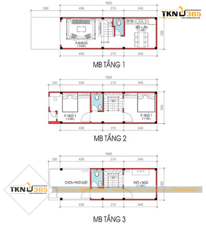 bản vẽ thiết kế nhà 3 tầng 5x10m