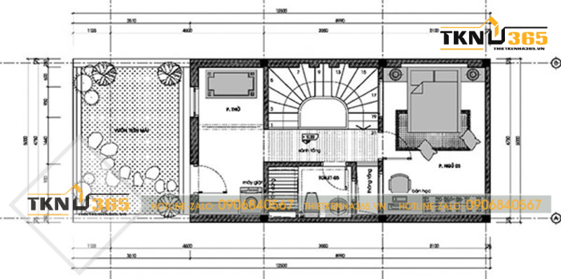 Mặt bằng tầng 3 của bản vẽ thiết kế nhà 3 tầng 5x10m