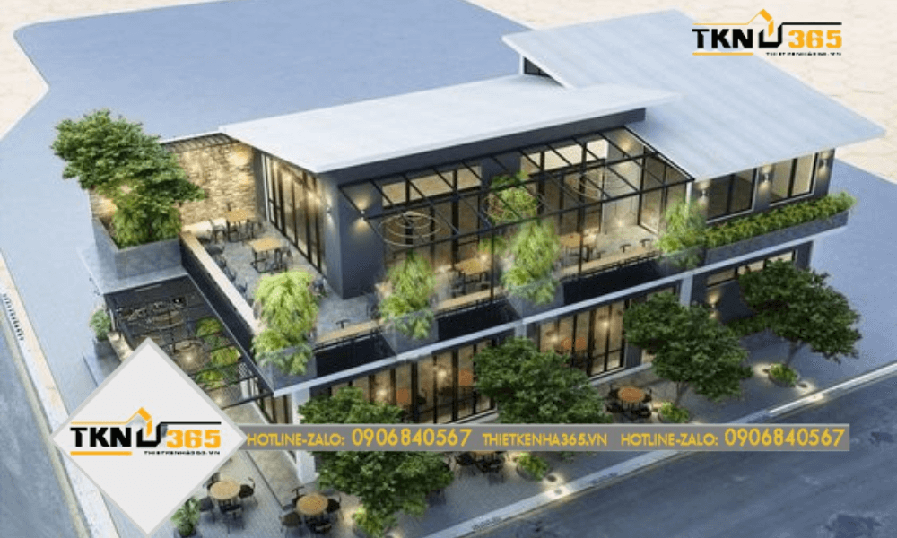 Kiến trúc 2 mặt tiền kinh doanh với vườn cây xanh xung quanh và tiểu cảnh bên trong