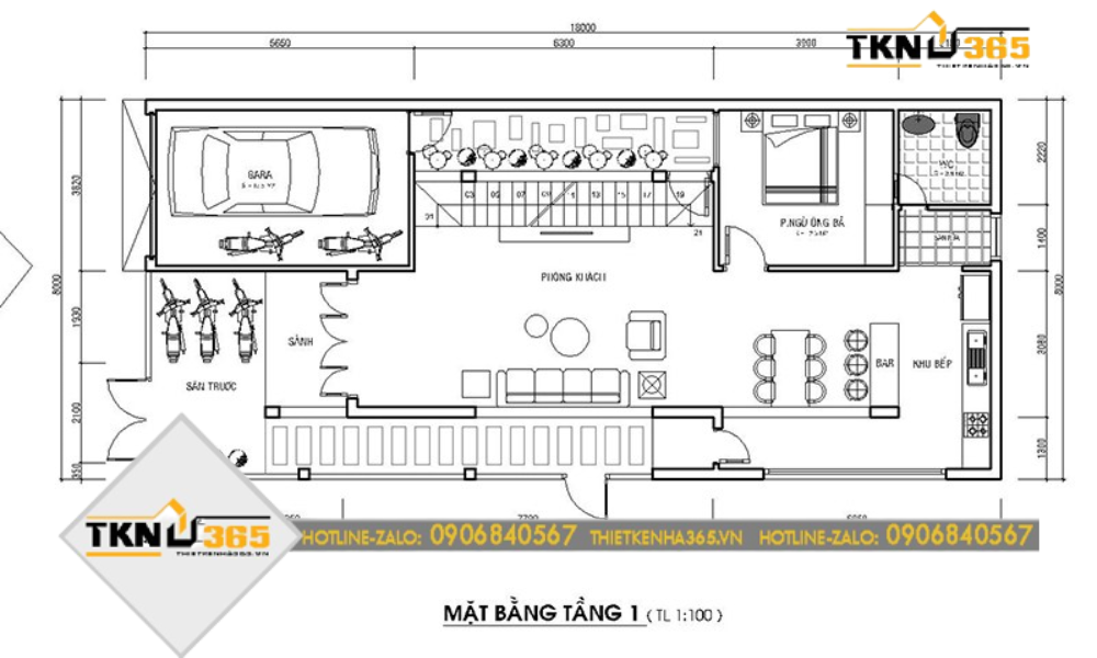 Bản vẽ tầng 1 nhà 2 mặt tiền kinh doanh 8m hiện đại