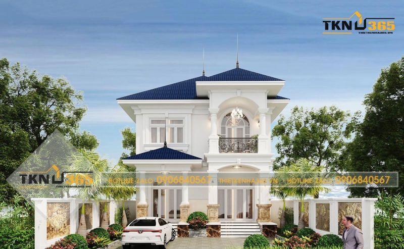 Thi công biệt thự kiểu Phối cảnh mặt tiền biệt thự Pháp 2 tầng tân cổ điển mái Thái