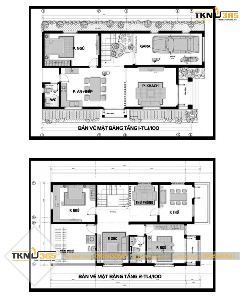 Bản vẽ thiết kế biệt thự 2 tầng kiểu Pháp hiện đại có gara ô tô