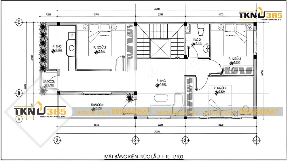 Mặt bằng công năng tầng 2 của nhà 400 triệu mái lệch