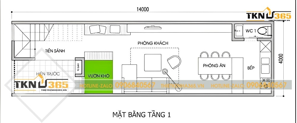 Mặt bằng công năng tầng 1 của ngôi nhà 2 tầng mái lệch giá 400 triệu