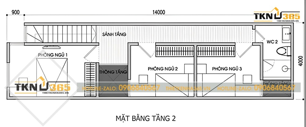 Mặt bằng công năng tầng 2 của ngôi nhà hai tầng mái lệch 400 triệu