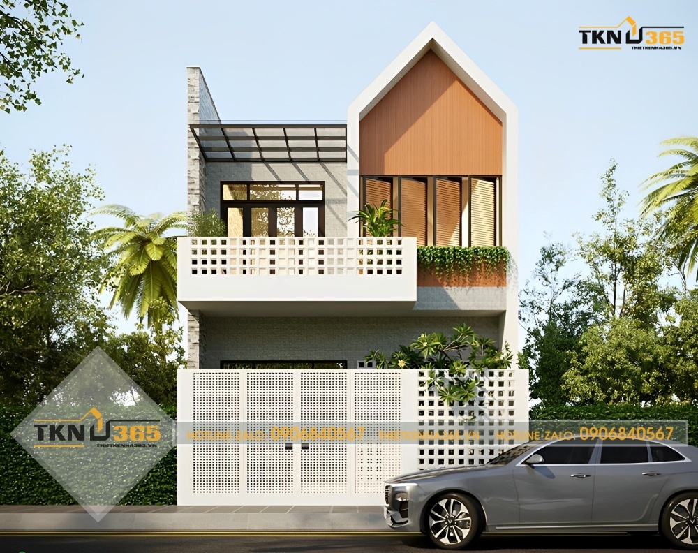 Ngôi nhà 2 tầng giá 400 triệu với mặt tiền thu hút nhờ sự kết hợp mái bằng và mái chóp nhọn.