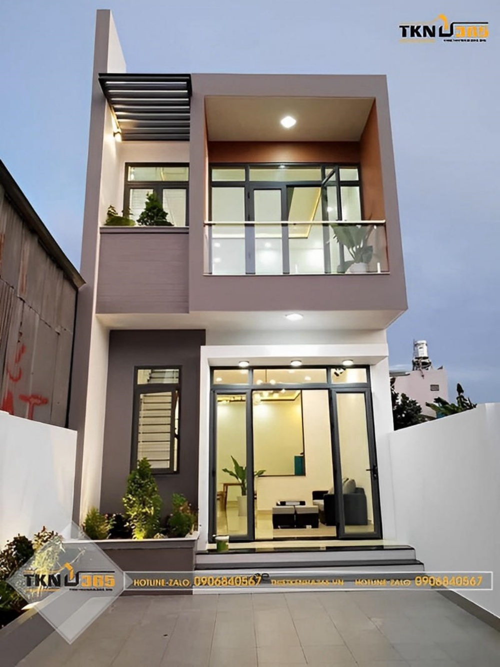 Mẫu thiết kế nhà ống 35m2 kết cấu 2 tầng mái bằng sử dụng hệ thống cửa kính