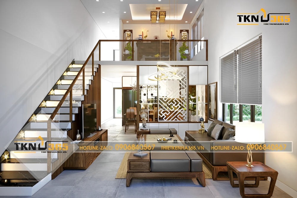 Mẫu nhà 35m2 thiết kế đẹp có tầng lửng tận dụng làm phòng thờ