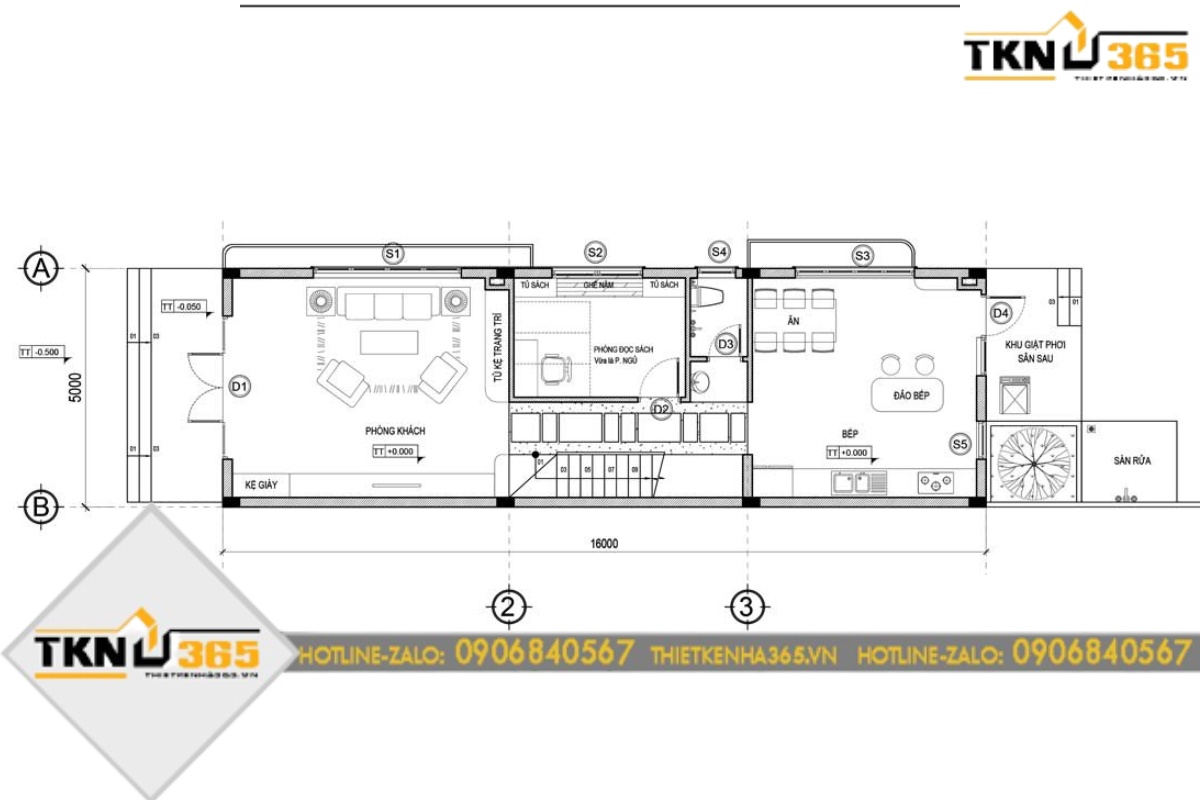 Bản vẽ thiết kế nhà diện tích 5x16m