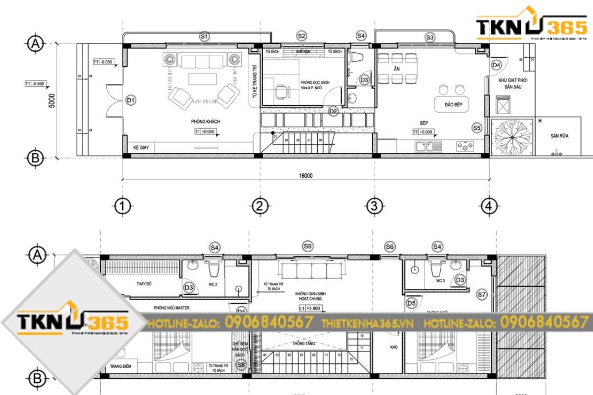thiết kế nhà diện tích 5x16m 2 tầng 3 phòng ngủ