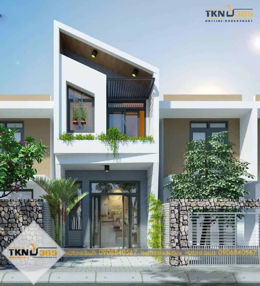 Phối cảnh mẫu nhà tầng lệch 2 tầng lệch đẹp hiện đại nhiều cây xanh thoáng mát