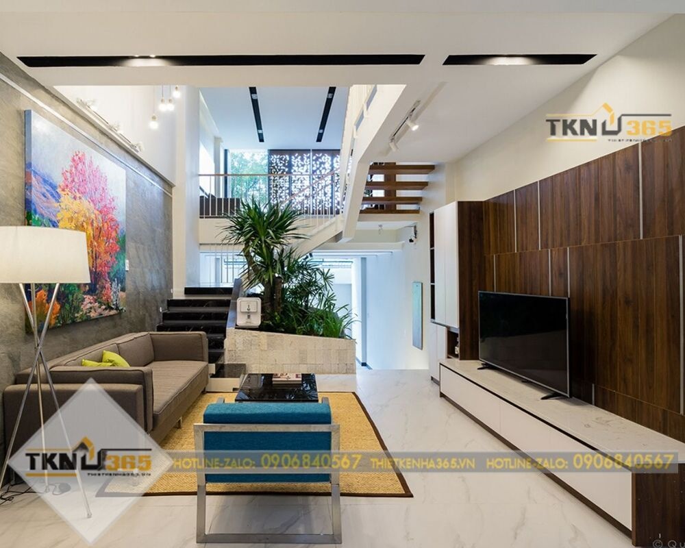 Mẫu thiết kế phòng khách trong nhà tầng lệch
